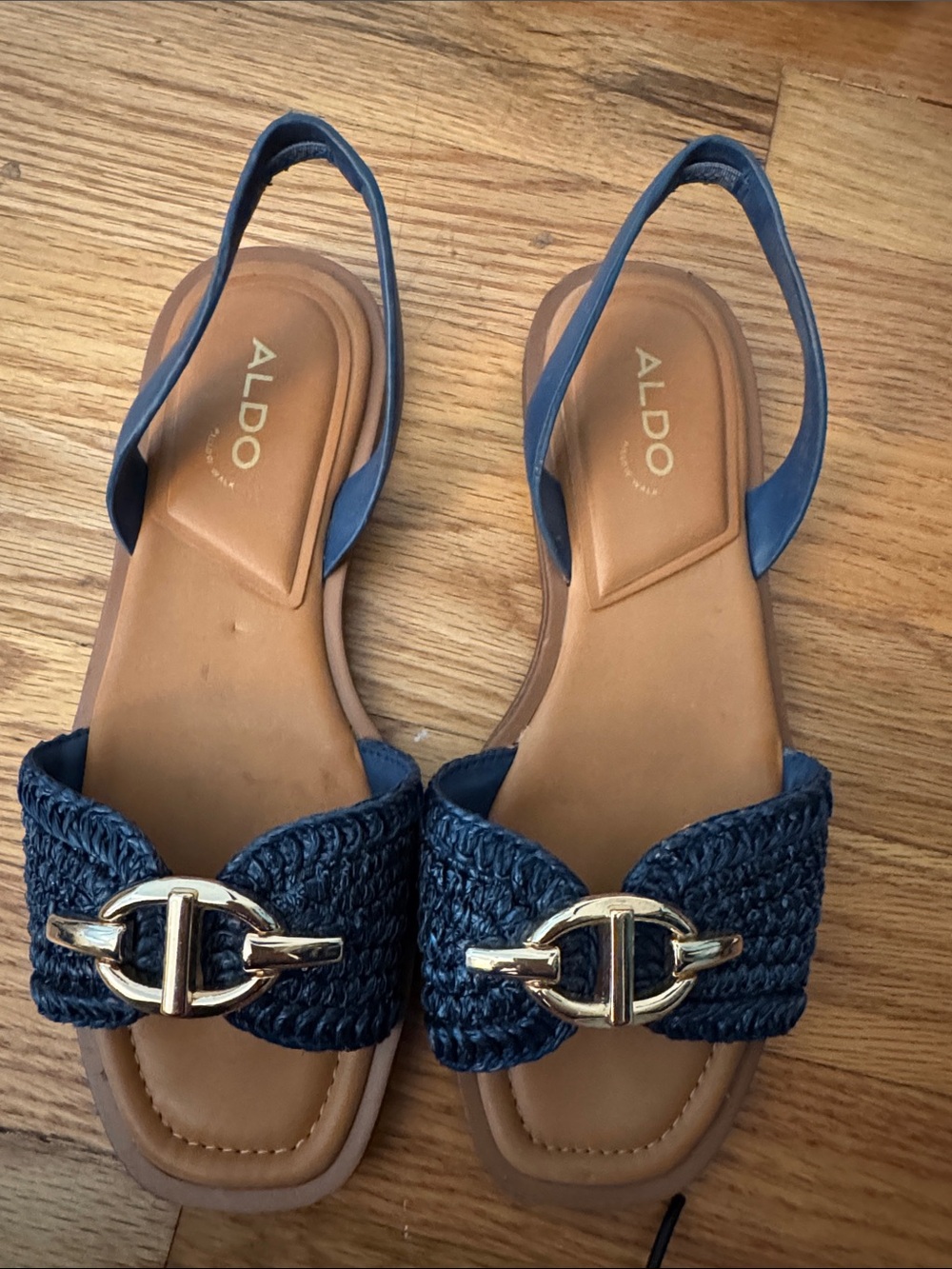 Aldo Navy Braided Slingback Sandals with Gold Buckle